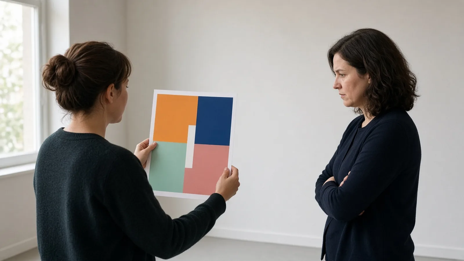 One person holds a color-block sheet while another person looks from across the room