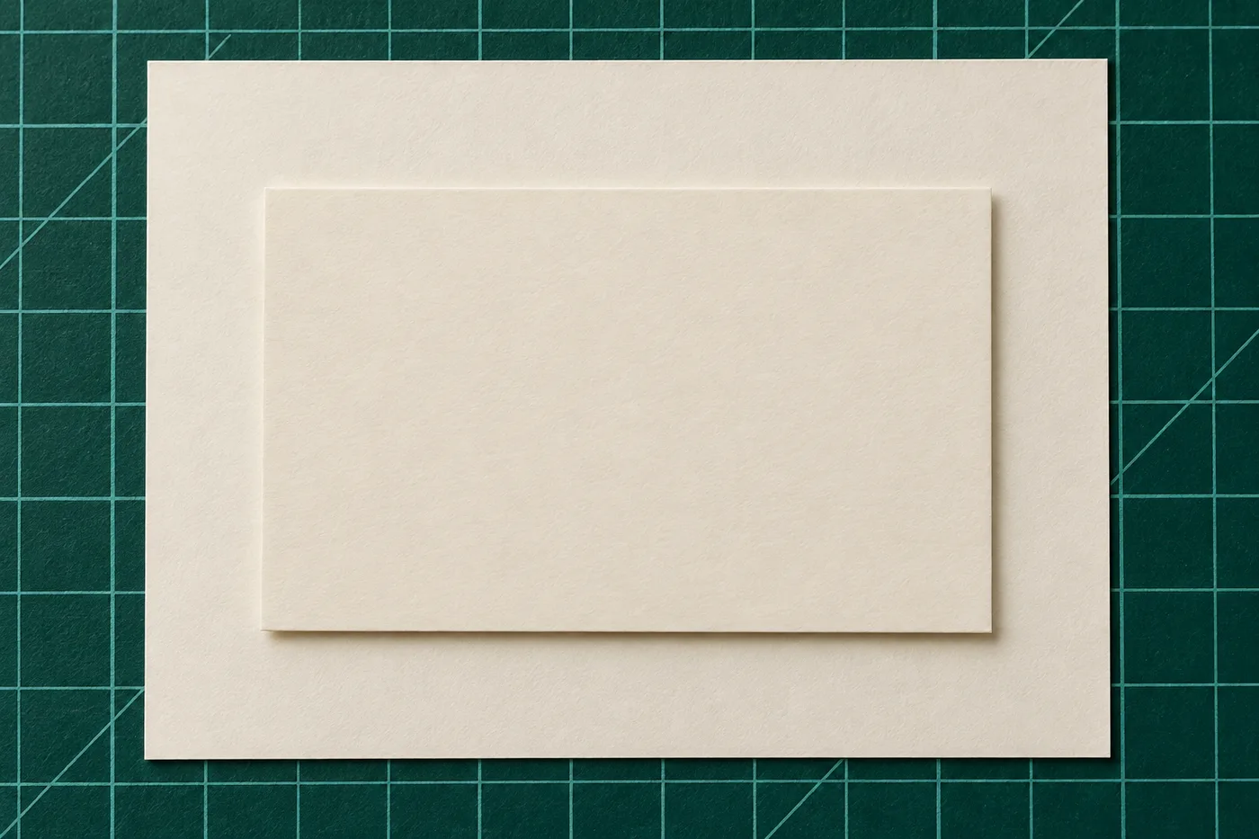 Blank card centered on a larger blank sheet over a green cutting mat.