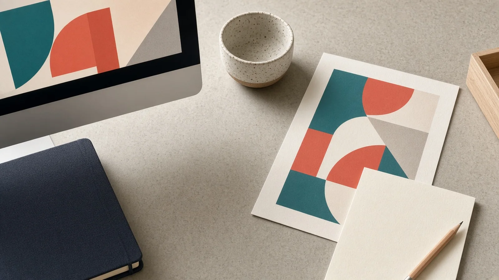 Illustration of a monitor, a printed abstract sheet, a closed notebook, a blank page and a pencil on a desk