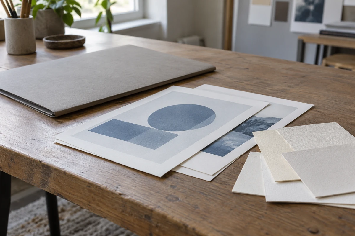 Illustration of unbranded print proofs, a closed project folder and paper stock swatches ready for a production discussion