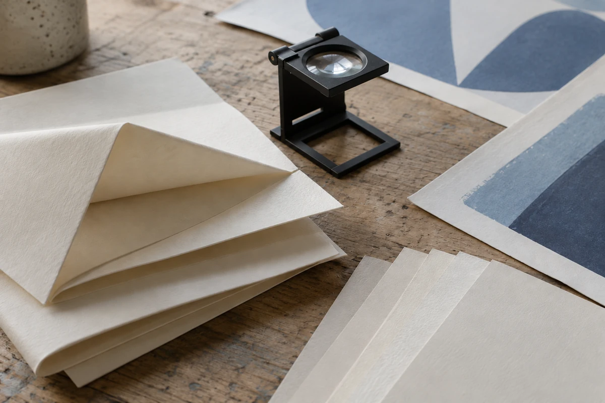 Illustration of folded paper samples and a printer's loupe beside campaign proofs on a worn workbench