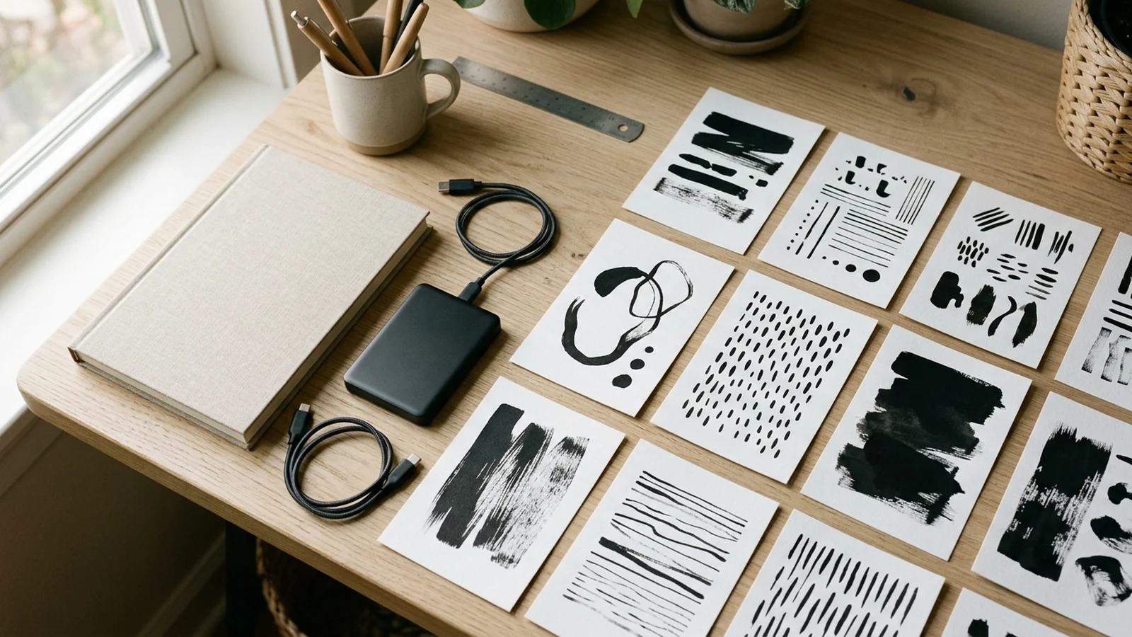 Separate white sample cards with black stroke patterns beside a notebook and storage drive
