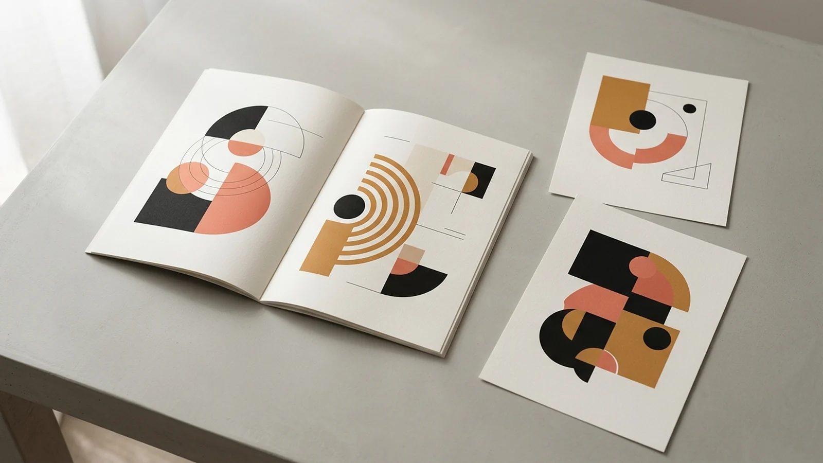 An open brochure beside separate sheets with geometric designs on a pale tabletop