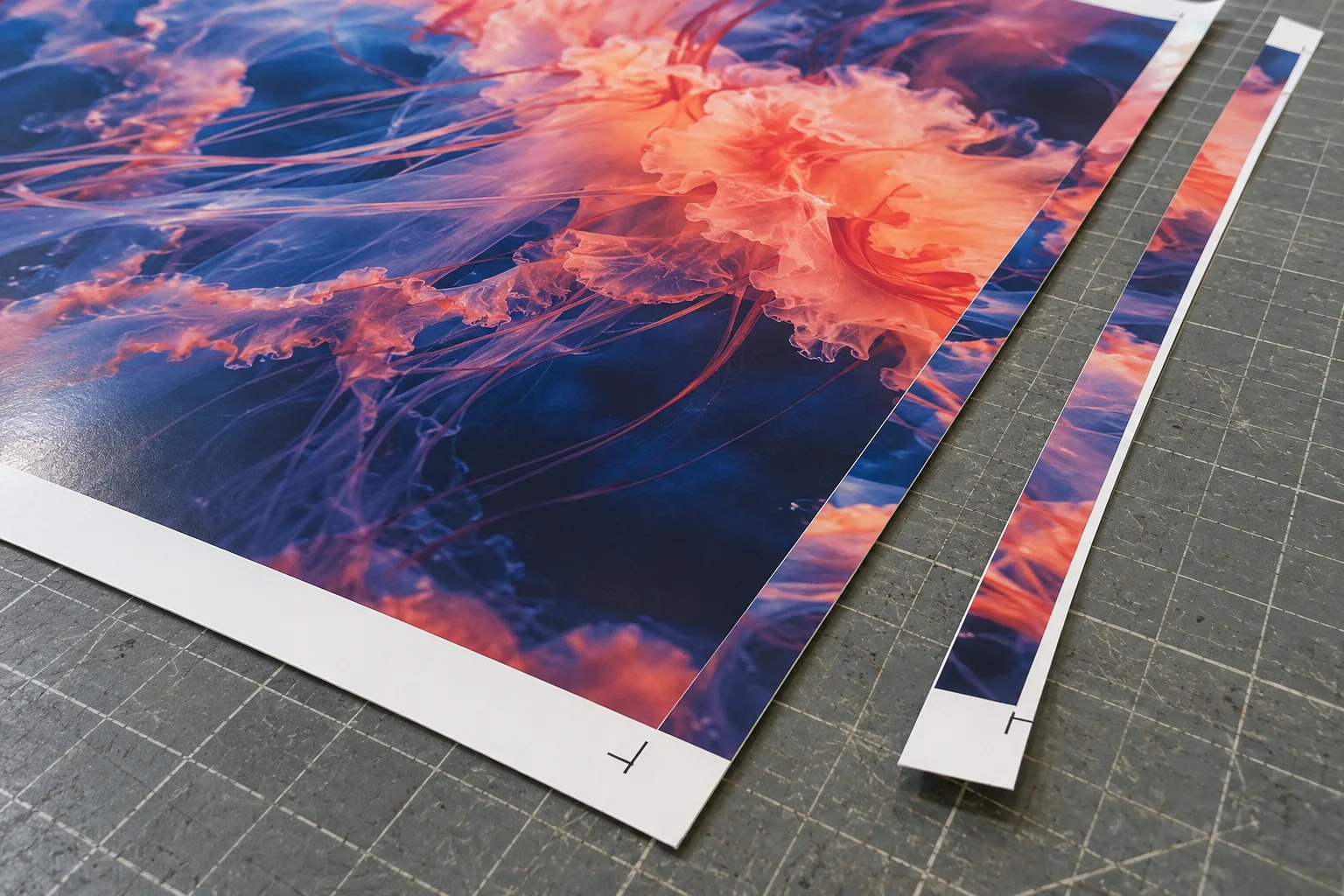 Colour proof on a cutting mat with a narrow printed offcut beside its trimmed right edge