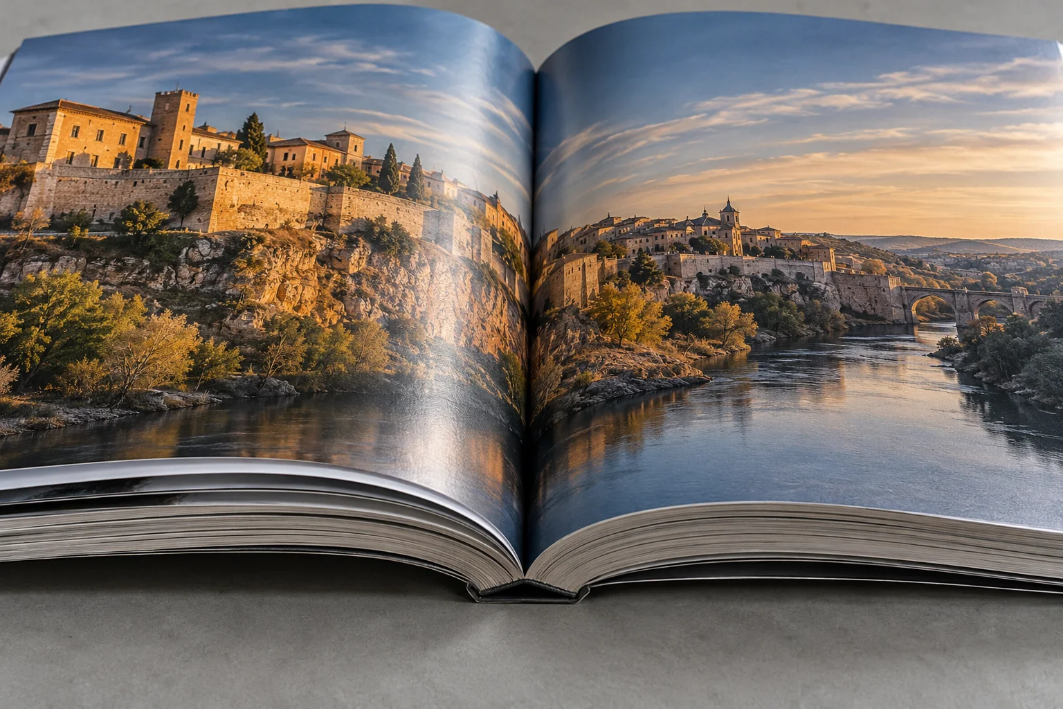 Open bound publication with a landscape image curving down into the dark centre gutter