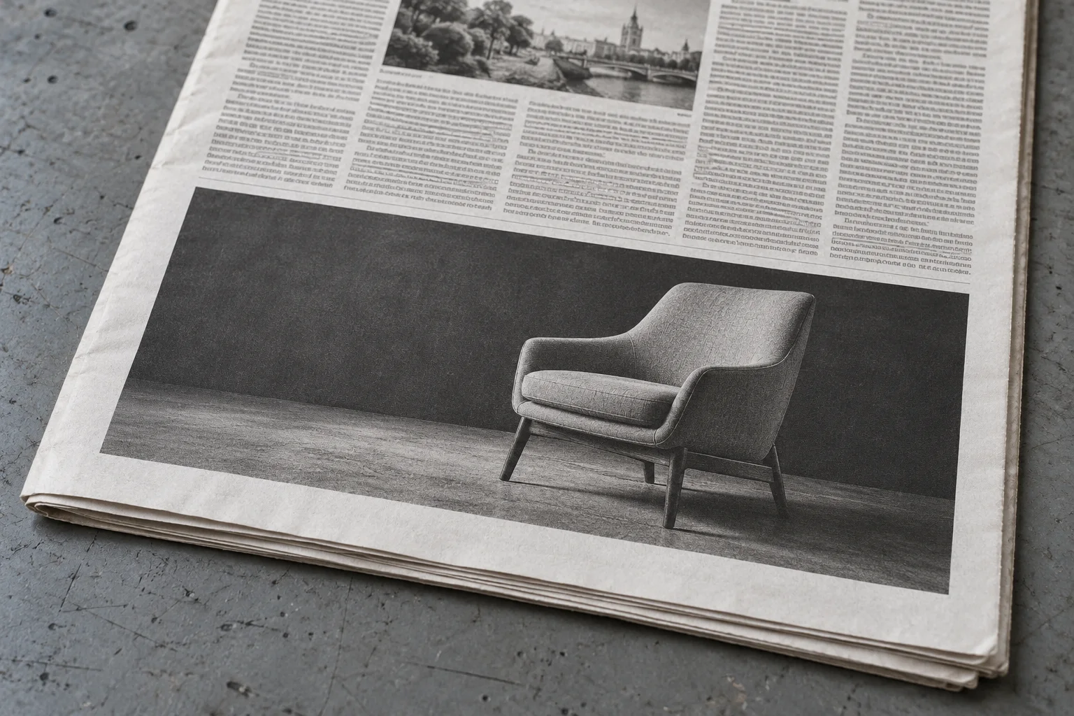 Newspaper with a rectangular chair advertisement surrounded by white margins below editorial columns