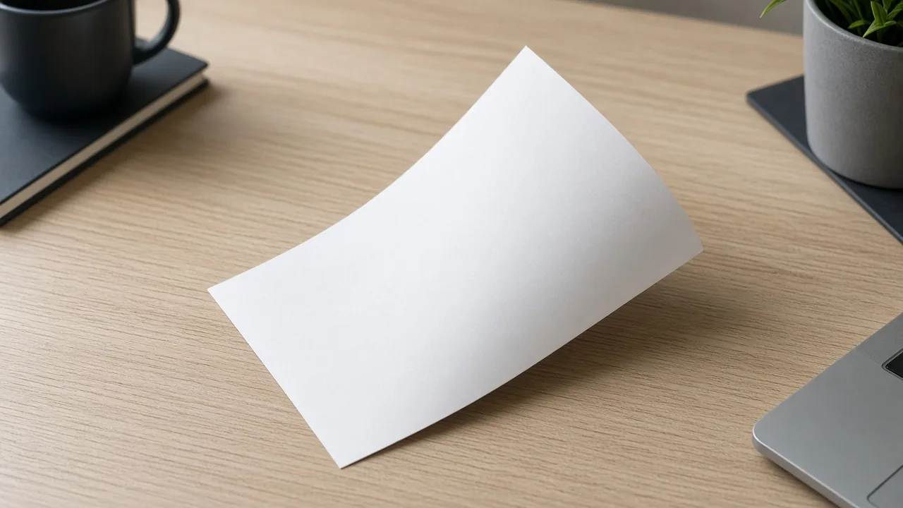 A blank sheet with one corner lifted on a light wood desk.