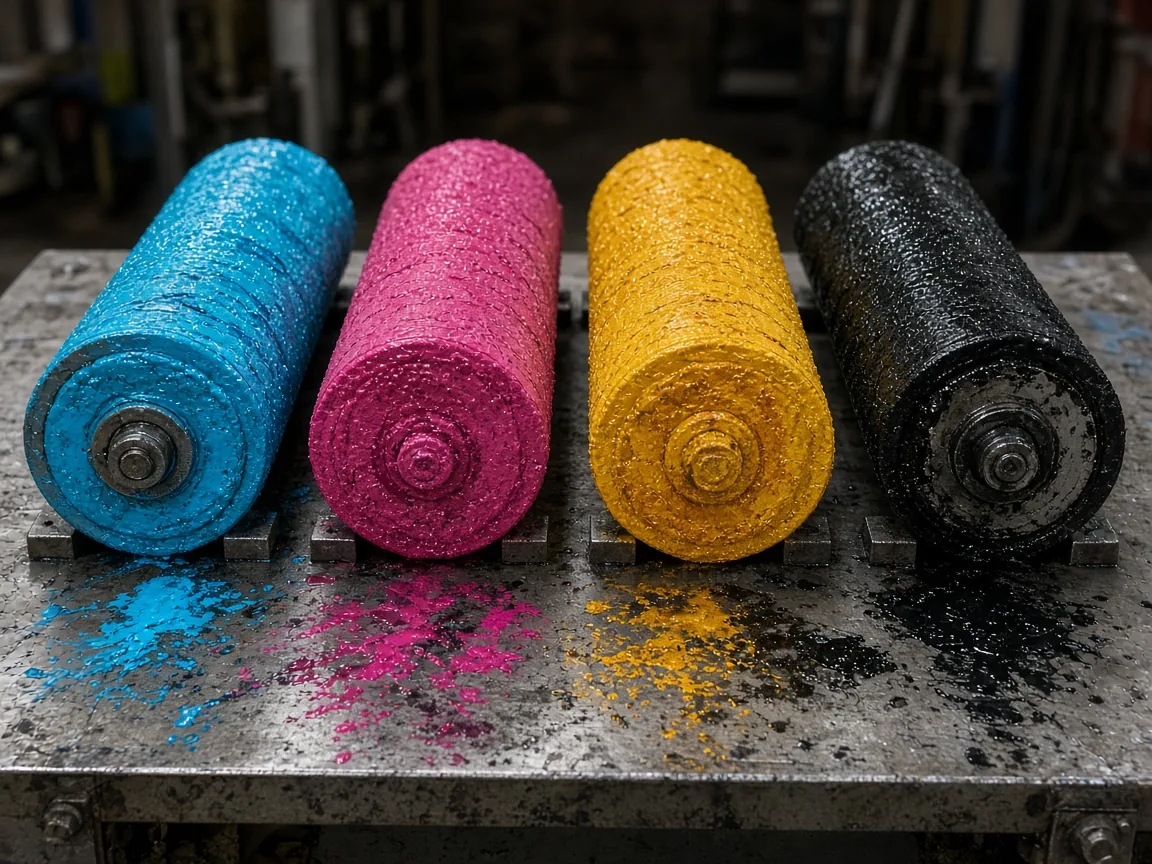 Four ink-covered rollers, cyan, magenta, yellow, and black, on a steel table.