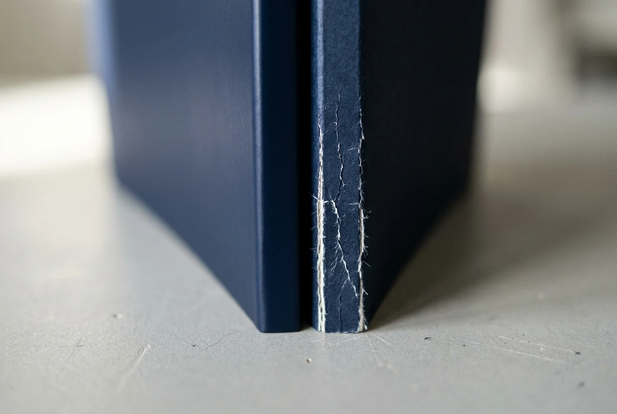 Macro view of two folded dark navy cover spines on an inspection table comparing an intact laminated hinge beside a score line with exposed white paper fiber
