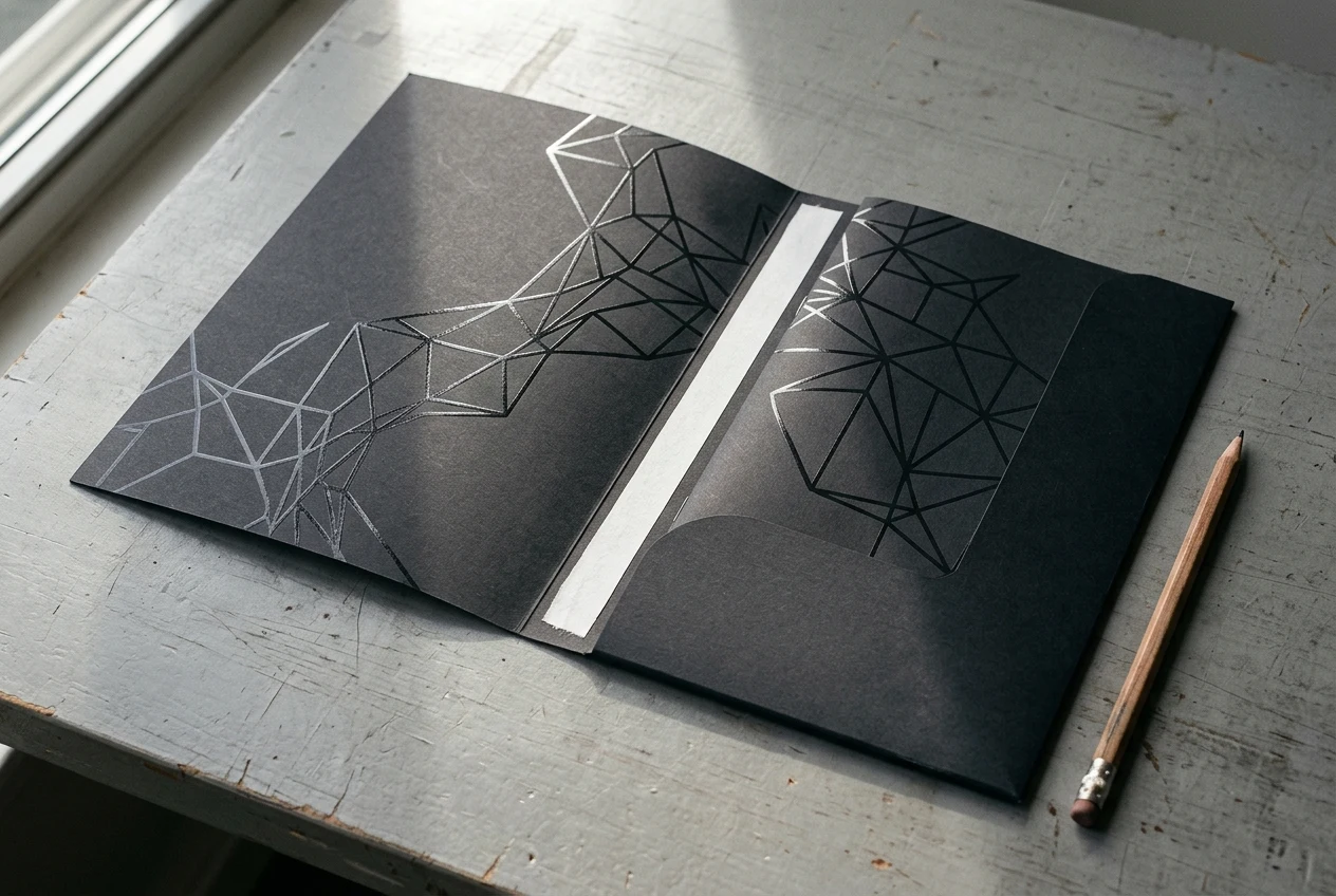 Angled light reflecting off a glossy geometric pattern on a matte dark folder beside an open pocket flap with a bare white paper glue strip and a pencil