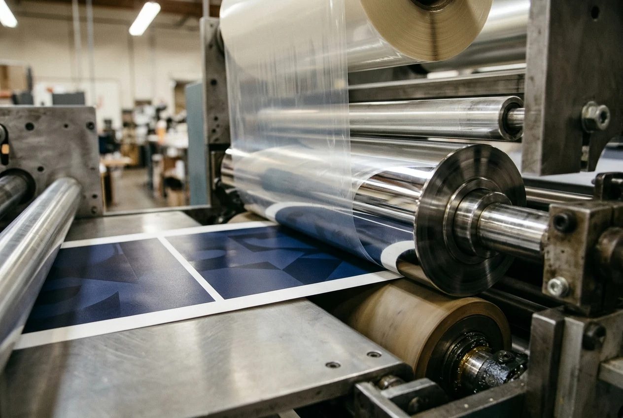 A polymer laminating film web passing over a polished heated nip roller onto printed sheets in a bindery
