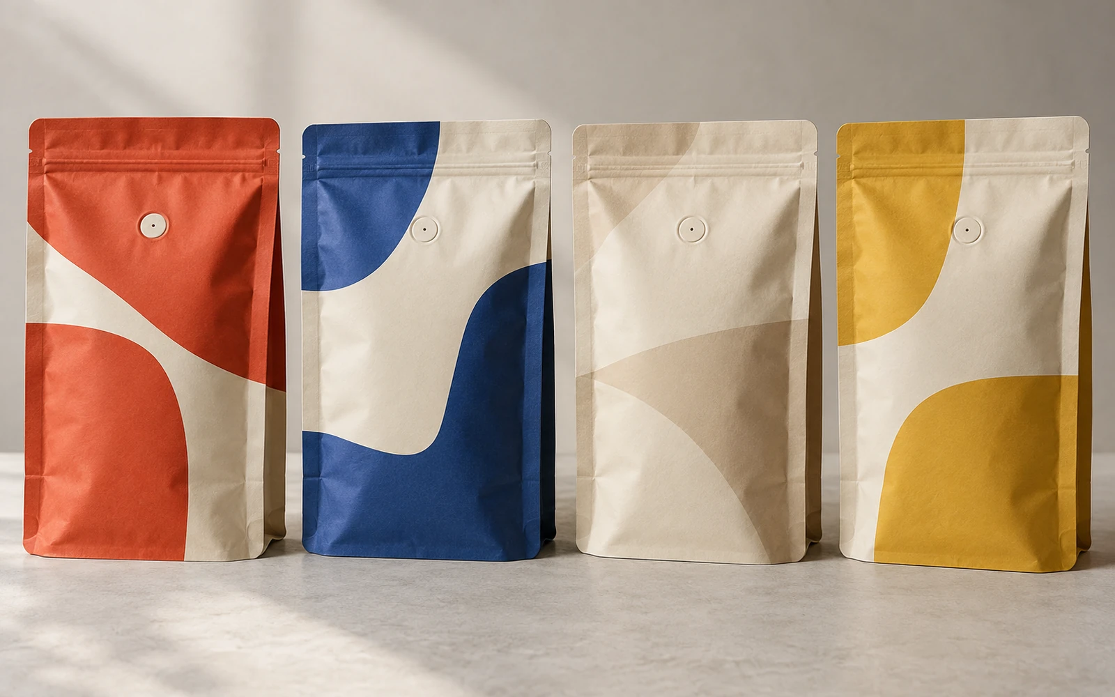 Illustration of plain stand-up coffee pouches with abstract colour blocks arranged as a seasonal series