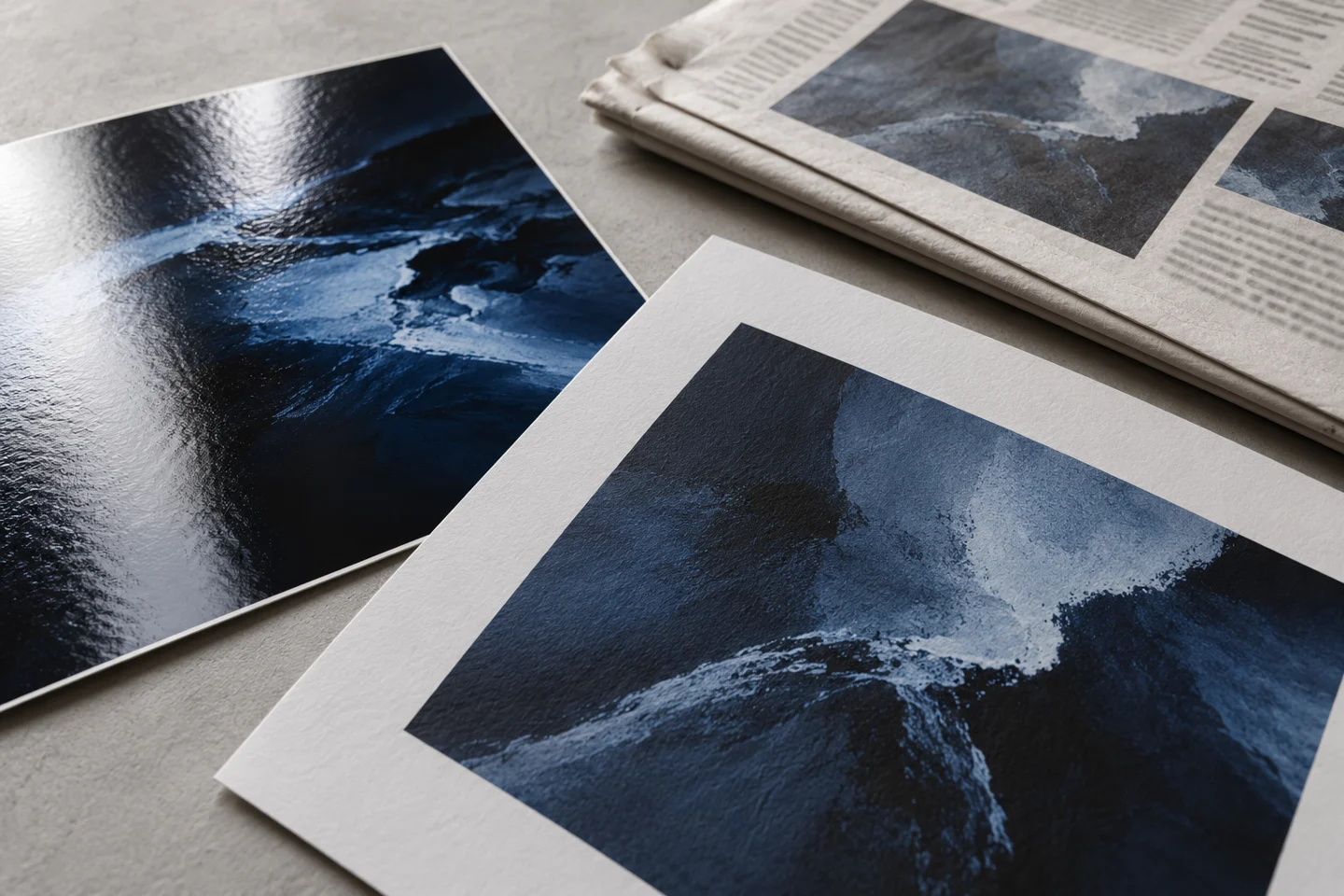 Glossy and matte printed samples beside a folded newspaper