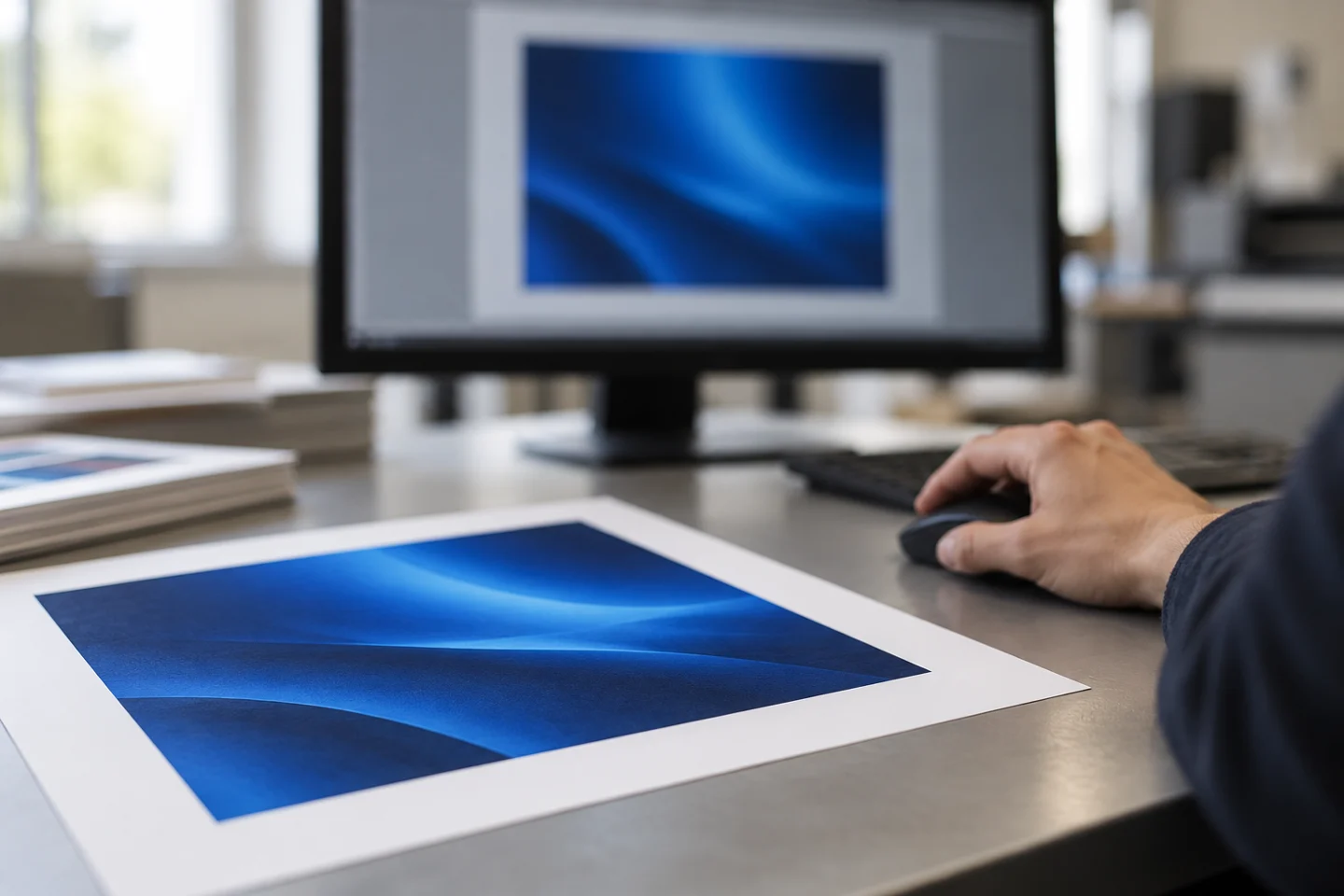 An operator reviews a blue advertisement on screen beside a printed proof