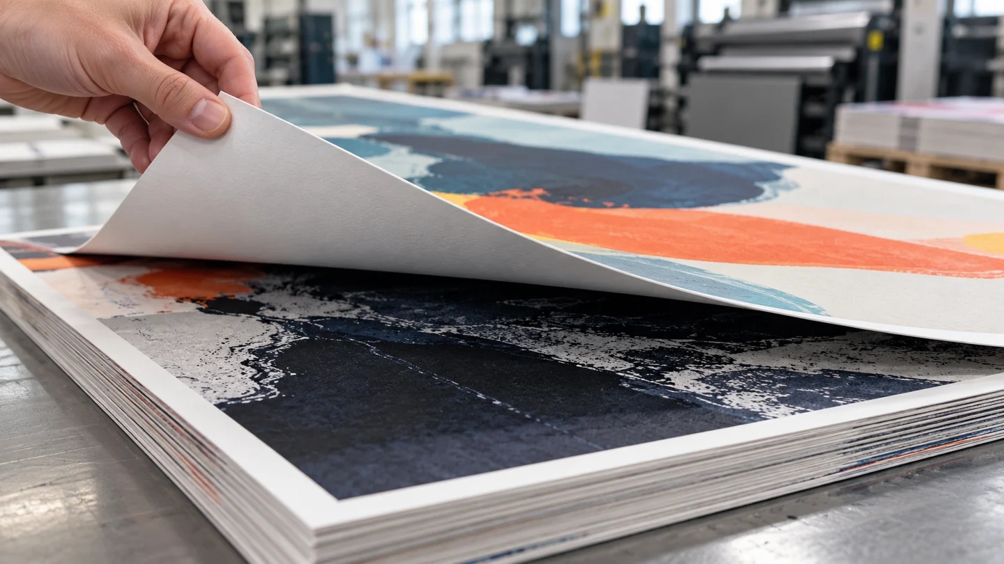 A hand lifts the top printed sheet to reveal the sheet beneath