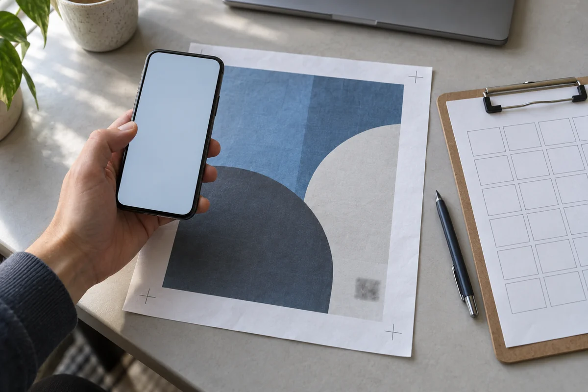 Illustration of a hand holding a smartphone over a printed ad proof with crop marks, beside a clipboard with an empty grid