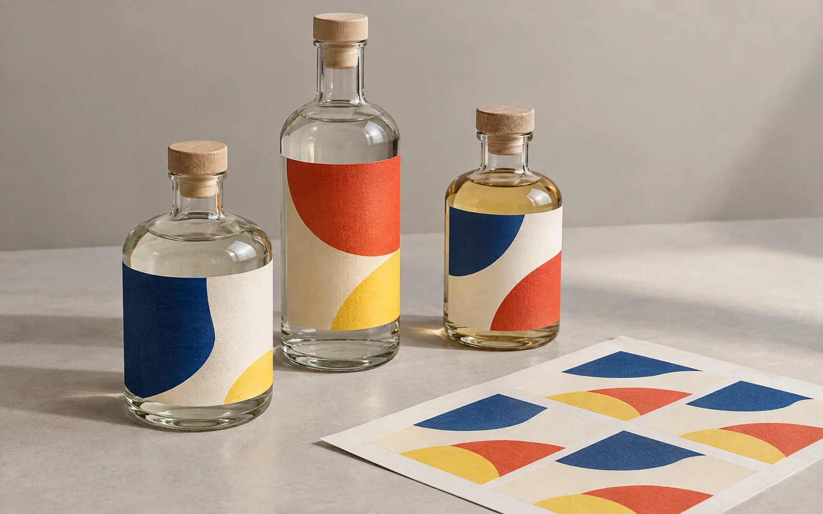 Illustration of plain glass bottles with blank paper labels in abstract colour blocks on a pale table beside label proof sheets