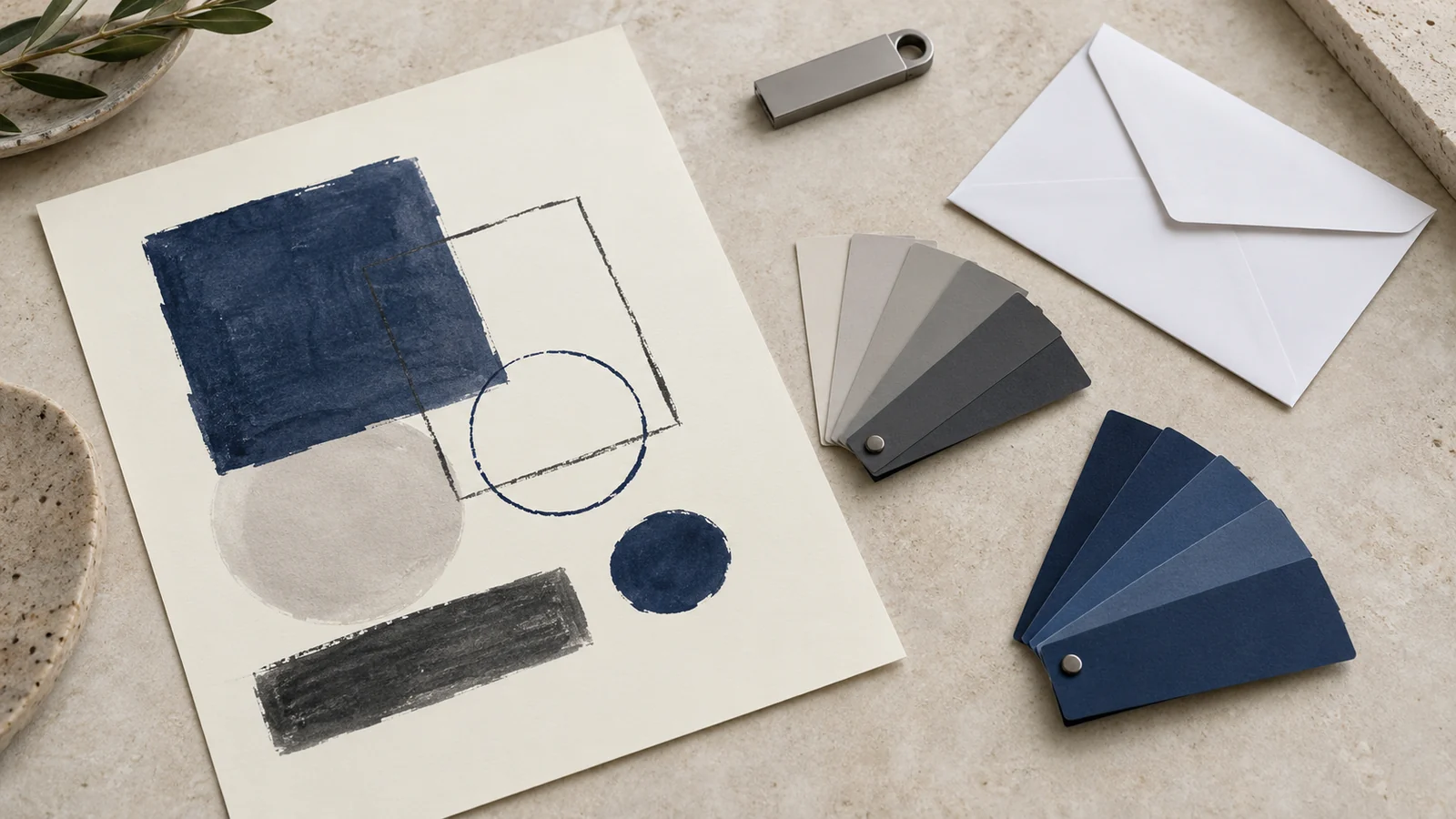Gray and indigo paper swatches beside an abstract printed sheet, envelope and storage drive