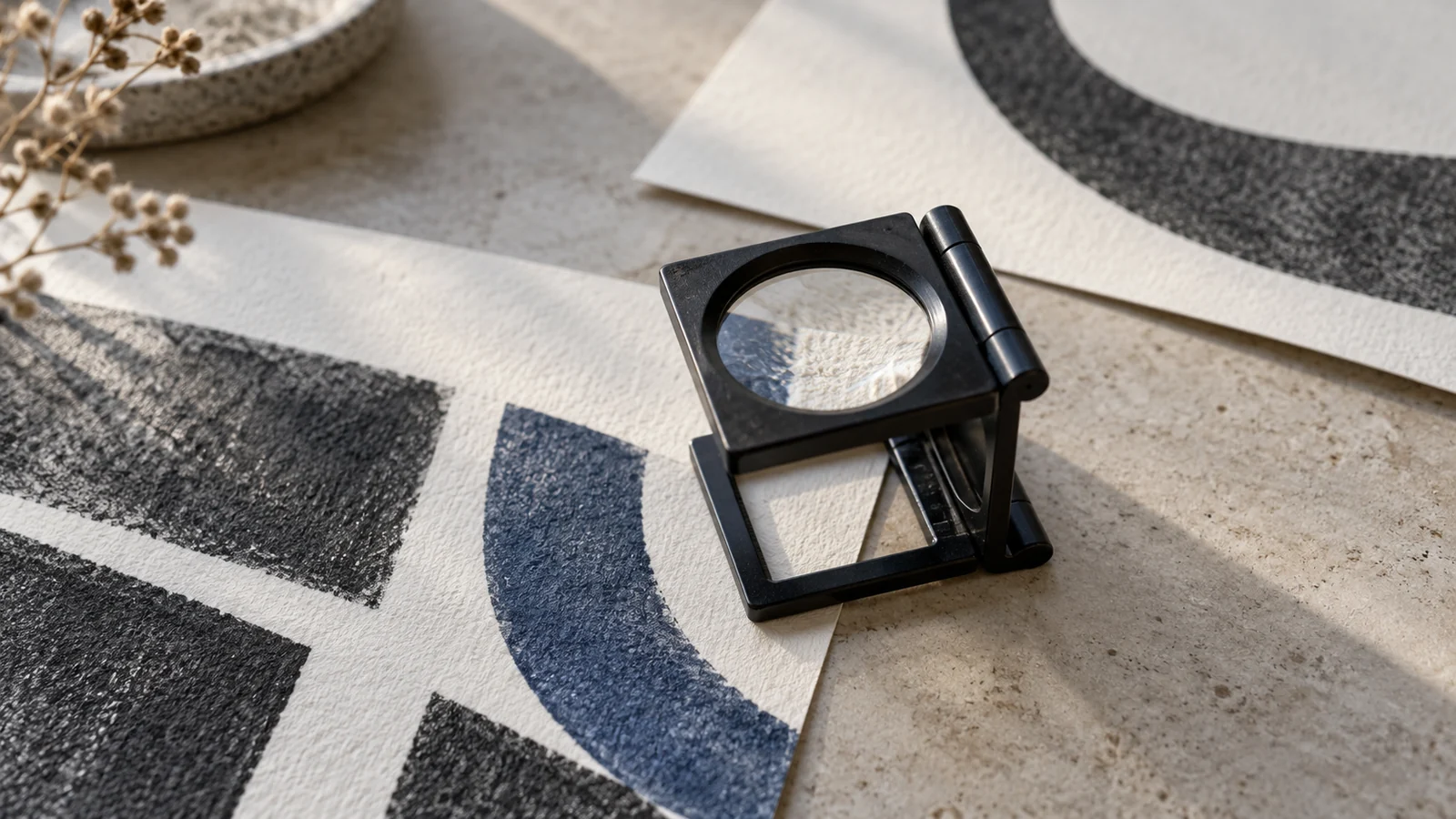 A black magnifying loupe resting on textured paper printed with charcoal and indigo shapes